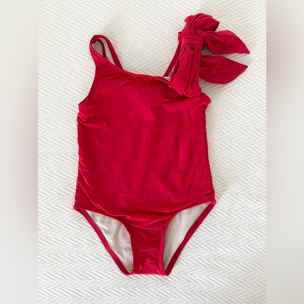 The Beaufort Bonnet Company Girls Red One-Piece Swimsuit with Shoulder Bow